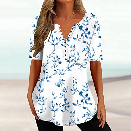 Туника на врвови за жени лабаво вклопено копче за копче V вратот маички со кратки ракави цветни печатени блузи 2023 летна проточна кошула