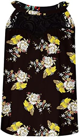 Женски летни обични цветни печатени резервоари на врвовите на резервоарите со чипка, плетени кошули без ракави, проточна блуза