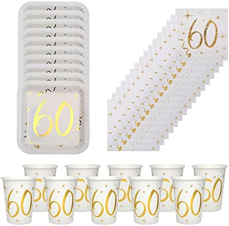 Златен 60 -ти роденденски пакет со плочи салфетки и чаши, 60 -ти роденденски садови, 60 -ти партиски украси, златен 60 -ти партиски сет