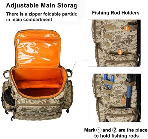 N Nevo Rhino 40L риболов ранец на ранец со држачи за шипки, водоотпорна покривка од дожд, торба за справи со високи перформанси за риболов,
