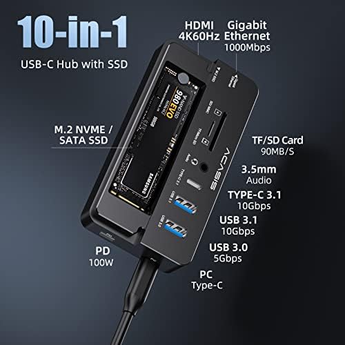 ACASIS 10-во-1 USB-C центар со SSD куќиште, 10Gbps M.2 NVME куќиште, 4K 60Hz HDMI порта, USB A 3.1 порта, 100 W испорака на електрична енергија,