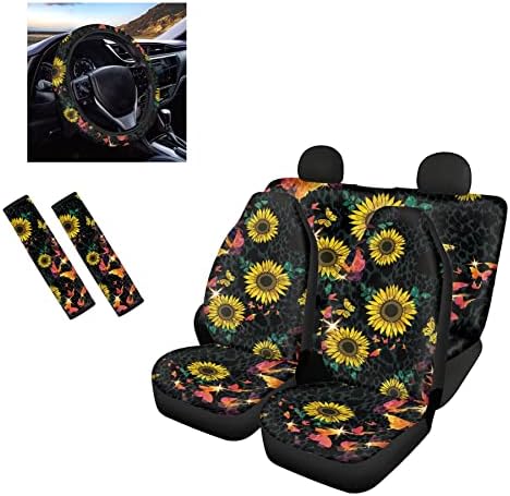 Снилети цветни седишта за автомобили целосен сет, дизајн на сончоглед на пчели автоматски заштитници на седиштата со капакот на воланот и подлогата за безбедносни