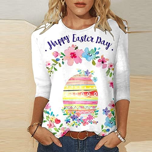 Женски цветни маици со чамец вратот Спандекс блузи кошули 3/4 ракав Велигден јајце каваи животински зајаче маици kw