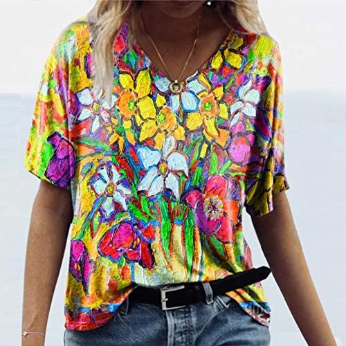 Lutенски летни кратки ракави маички против вратот шарени цветни печатени тунични маички трендовски обични лабави плус големина блуза