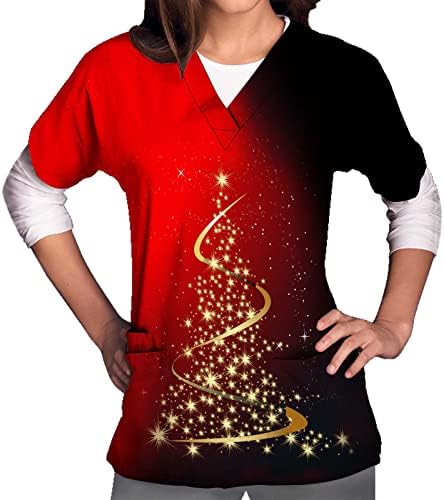 Маичи за печатење на новогодишна елка за жени медицинска сестра кои работат униформи врвови против вратот со кратки ракави пулвер блуза со џеб