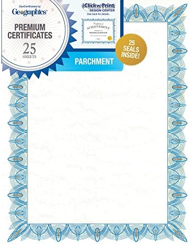 Географија Класични Сини Сертификати и Пломби, 8,5 х 11 Инчи, Пакување од 25