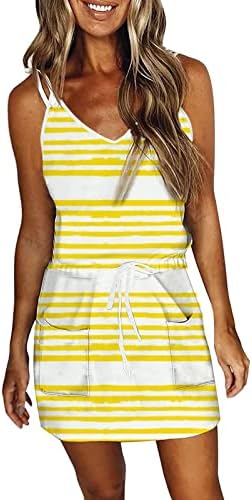 Лехозихек женски обичен летен жолт фустан шпагети каиш плажа мини сандери против фустани без ракави на вратот