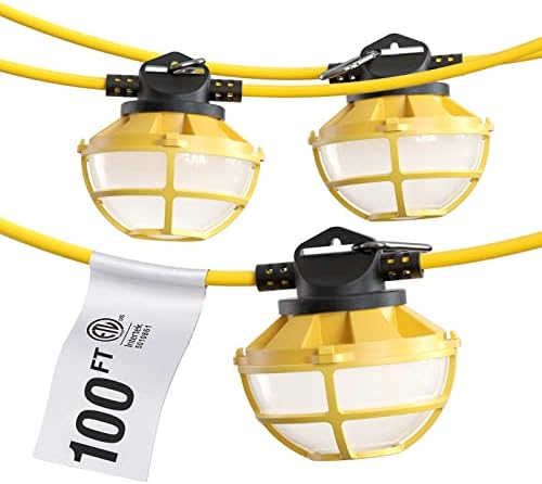 FREELICHT 100FT LED градежни светла со низа со капакот на мрежата, 120W 15000lm LIND -LED String Light, осветлување на индустриско