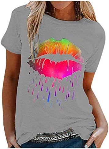 Womenените летни случајни шарени усни печати кратки ракави на база маица маица маички блузи врвови