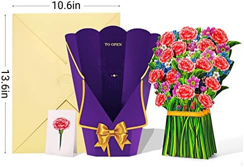 Мелоло 3Д Поп-ап честитка за поп-ап, 2 парчиња 13 инчи засекогаш виолетова лилјани и каранфили цветен букет, со картички за белешки