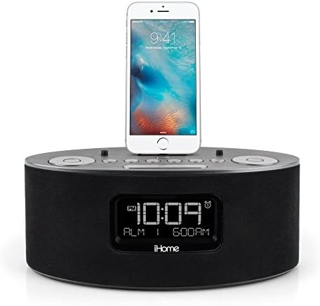 IHOME IDL46GC Двојно полнење стерео FM Clock Clock со молња и USB полнење/репродукција за отворено поле за iPhone/iPod/iPad/iPad/iPad