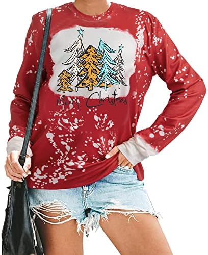 Womenените Божиќно џемпер леопард Божиќно печатење блуза Смешна буква графичка врвна маица со долги ракави, пулвер, палење на кошула