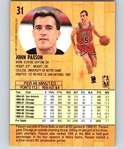 1991-92 Флеер серија 1 кошарка 31 Johnон Паксон Чикаго Булс Официјална картичка за тргување во НБА