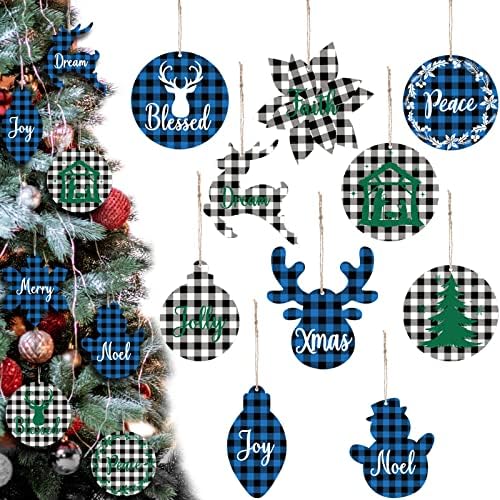 24 парчиња Бафало карирани Божиќни украси Поставете дрвени карирани провери украси желби дрво виси Божиќни занаети за врати на