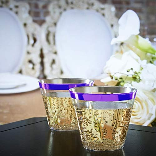 100 Виолетови Пластични Чаши И 1 Сребрен Сет За Мраз-9 Унца Чаши За Вино За Еднократна Употреба-Пластични Чаши За Коктели-Фенси Проѕирни