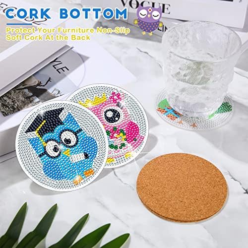 18 парчиња Дијамантски сликарски крајбрежници со држач DIY Owl Coaster Diamond Art Kits Nonlip Coaster Diamond Art Craft Supplies за почетници,