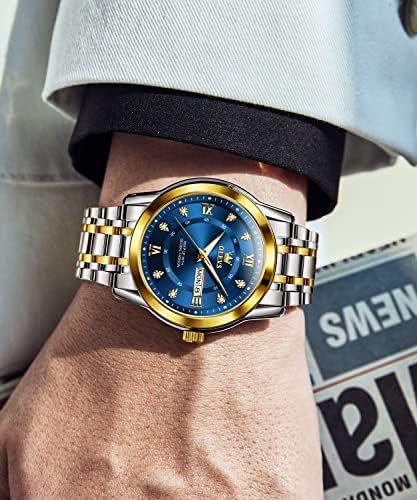Луксузни златни часовници на ОЛЕВС за мажи, машки часовник од не'рѓосувачки челик со датум, машкиот зглоб гледа водоотпорен, класичен