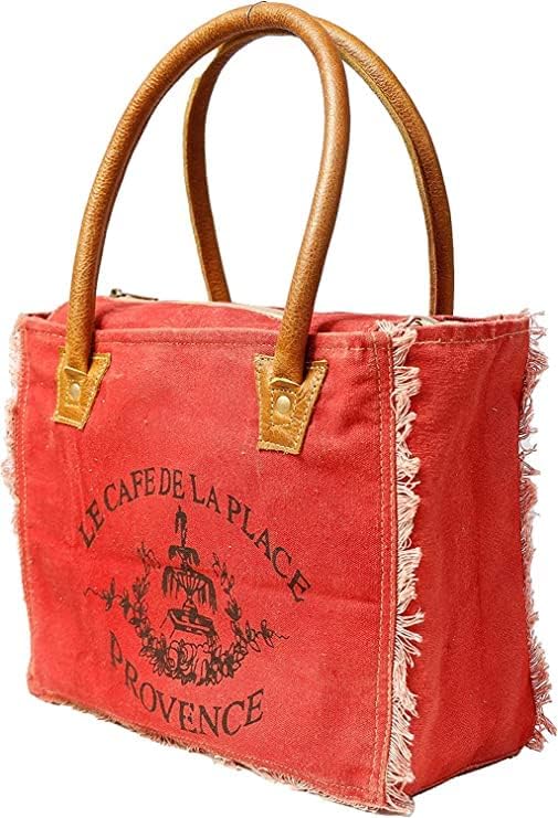 Орбита уметничка галерија рачно изработена торба со платно со кожа, рамо торба со рамо за торбичка за жени, црвена боја, црвена
