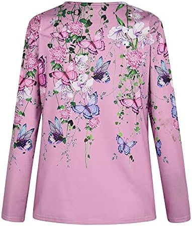 Qtocio Womenените екипаж џемпер, модна пеперутка цветна долга ракав, обичен пуловер блуза врвови маички со маица со облека
