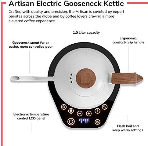 Brewista Artisan Electric Gooseneck Kettle, 1 литар, за преливате кафе, чај за производство на чај, LCD панел, прецизен избор на дигитална температура,