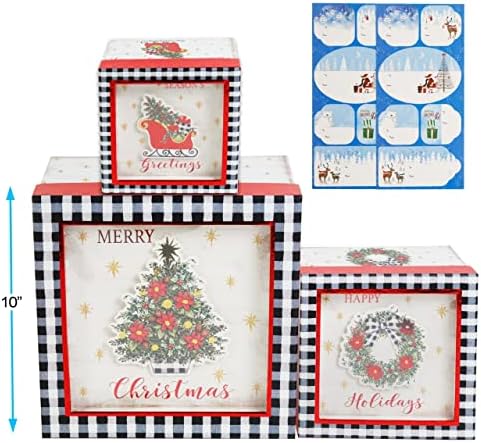 Божиќни Кутии За Подароци Делукс 3д Дизајниран Сет од 3 Избрани Божиќни дизајни И 3-Големини 2 Листови Ознаки За Подароци