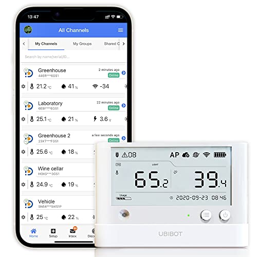 Монитор за температура и влажност на Ubibot WS1Pro WiFi, без претплата за претплата, 7 * 24 монитор и сигнали, 4,4 ”ЛЦД -екран, работа со Alexa, IFTTT