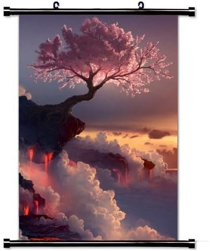 Домашен декор уметнички постер со фантазии розови цреши цвеќиња Облачно планински врвен скицев боја уметност постепено постелна