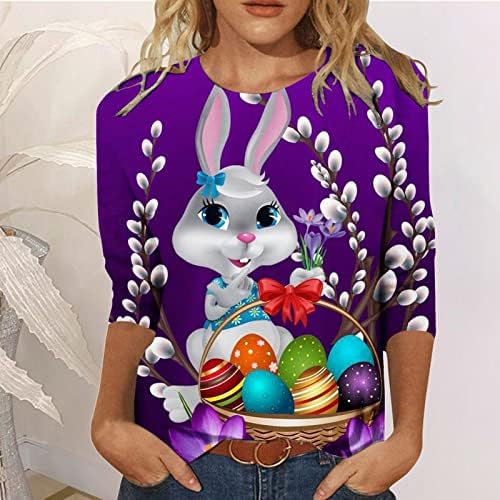 Велигденска кошула за зајаче за жени Симпатична печатена блуза врвови 2023 мода 3/4 ракав екипаж со долги ракави полиестер кошула