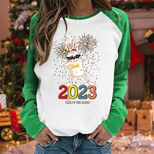 Година на кошули со зајаци за жени 2023 година со долг ракав за празник на врвови за пулвер во боја, лабава боја блок Нови години џемпери, маички за џемпери
