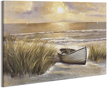 Arttitue Океан wallид платно платно Спална соба: Зајдисонце на плажа слика крајбрежен пејзаж брод печатење море морско море, уметнички дела