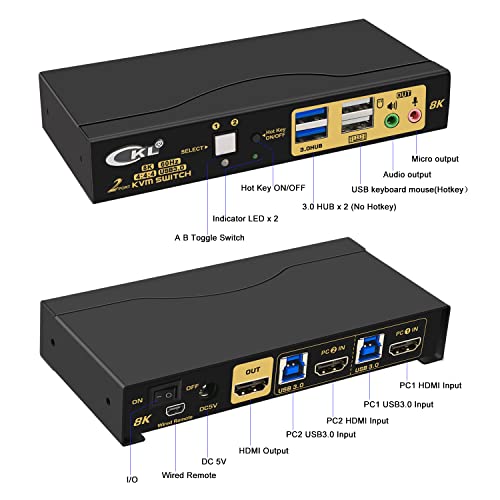 CKL 2 порта USB 3.0 kVm прекинувач HDMI 2.1 8K 60Hz 4K 120Hz 144Hz за 2 компјутери 1 монитор, компјутерски екран тастатура