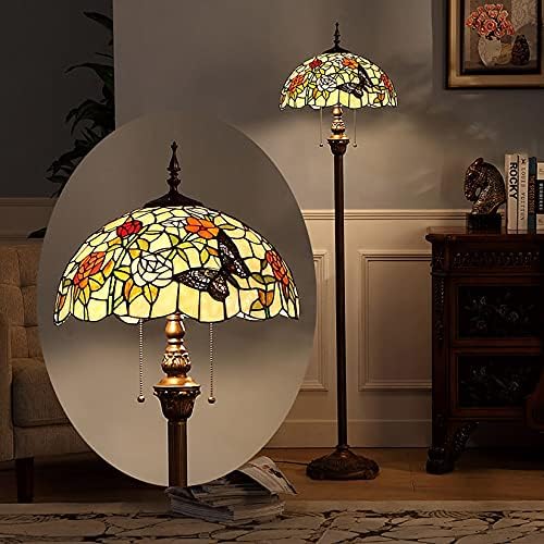 Gdlight Тифани стил пеперутка подна ламба рози романтичен стаклен под стакло ламба со ланец за влечење за читање дневна соба за спална