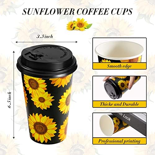 Hехао 50 парчиња 16 мл сончоглед за еднократна употреба хартија чаши со кафе со капаци за да одат чаши за хартија за кафе за летни сончогледни
