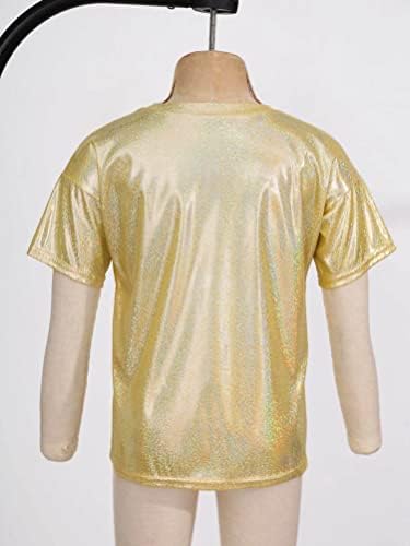 Аислор девојки момчиња сјајни металик модерен џез џез со кратки ракави кошула атлетска маица изведба на блуза танцувачка облека