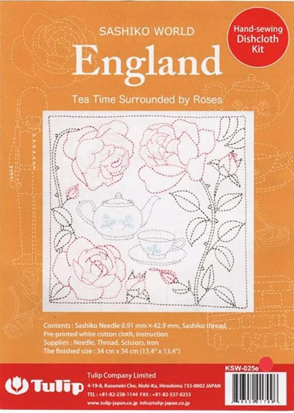 Светот на Сашико - Коп на лале - време на чај од Англија опкружено со рози - претходно печатен комплет за семплер со игла и нишка