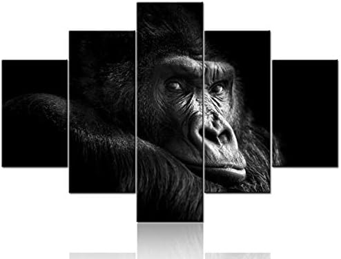 Tumovo големи 5 парчиња платно отпечатоци западно низински горила црно -бело животно постер за уметности, печатени на платно, врамени