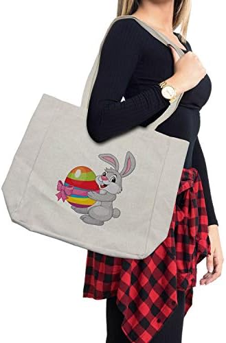 Ambesonne велигденска торба за купување, цртан филм зајак кој држи шарено шарено јајце со панделка за велигденско животно забавно, еколошка