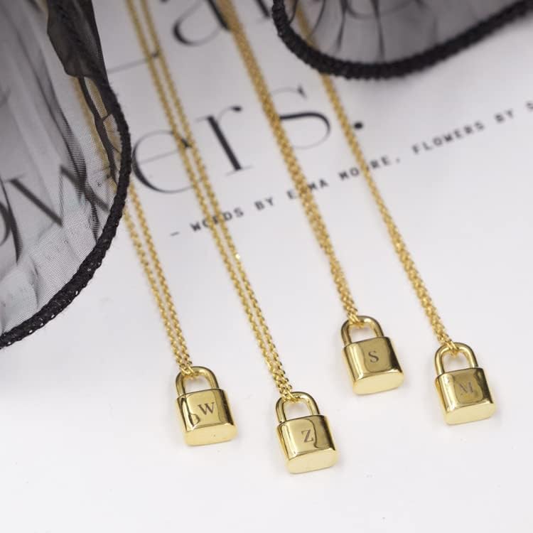 T3STORE Tiny A-Z Letter Square Lock Squard Pendant ѓердан со златен ланец за женски додатоци за накит со приврзоци за жени-О-61425