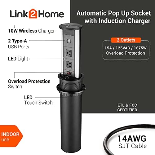 Link2Home Automatic Pop Up со 10W Индукција безжичен полнач, 2 места за напојување 15A, 2 USB порти 3.4A, отпорни на прскање, црна