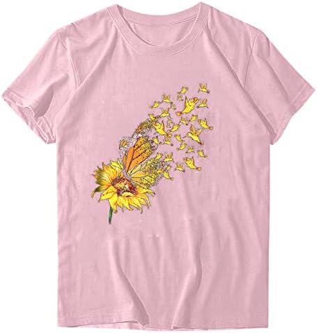 Тркалезна маичка за вратот за женска сончоглед пеперутка маица лето кратка ракав симпатична графичка лабава маичка врвови блузи