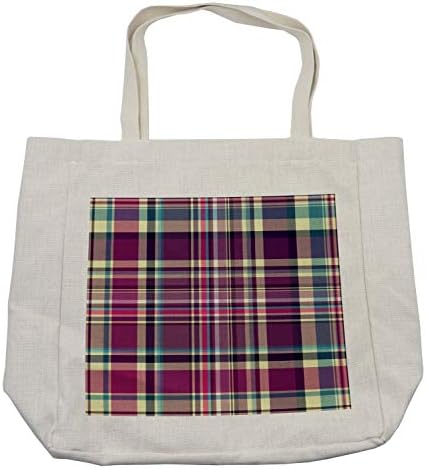 Амбесон, карирана торба за купување, гроздобер шема на Шкотска во виолетова тонови Апстрактна ретро традиционална плочка, еколошка торба за еднократна