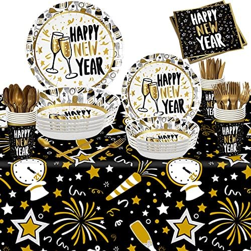 Среќна Нова Година Сет за садови за еднократна употреба | Среќни нови години конфети | Сет за вечера за нови години | NYE Confetti за 2023