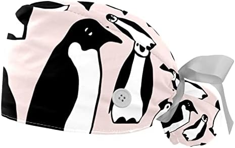 2 Парчиња Медицинска Сестра Чистење Капи Жени Долга Коса, Пингвини Шема Прилагодливи Работно Капаче Со Копче и Лента За Пот