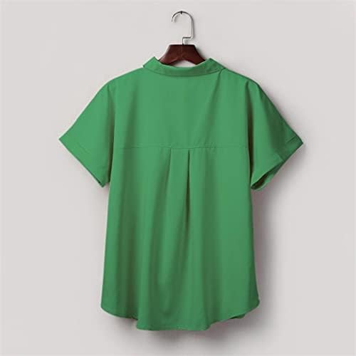 Копче за женски кошули надолу со кошули со блуза Кратки ракави V вратот Обични лабави врвови со џебови, летни маици со маици