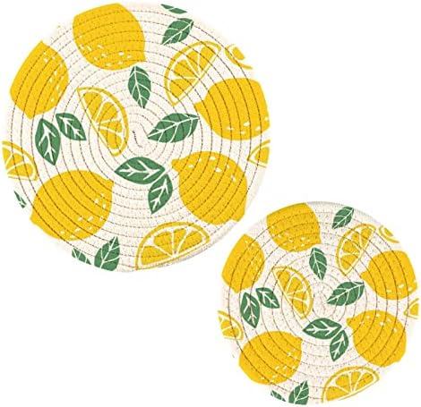 Лимони зелени лисја ситници за жешки садови држачи за тенџере сет од 2 парчиња врели влошки за кујнски памучни тркалезни центри за топли садови