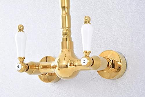 Полирана златна боја месинг wallид монтиран со двојни керамички рачки за бања кујна мијалник миксер од чешма за вртење