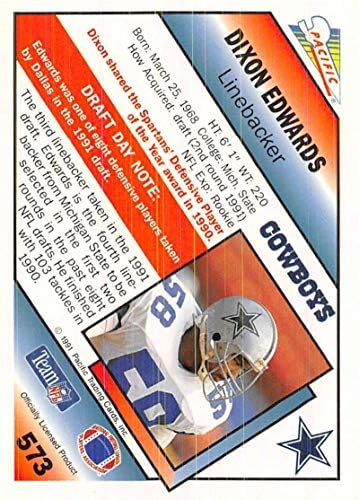1991 Пацифички фудбал 573 Диксон Едвардс РЦ РЦ РЕЦИЈА картичка Далас Каубои Официјална картичка за трговија со НФЛ