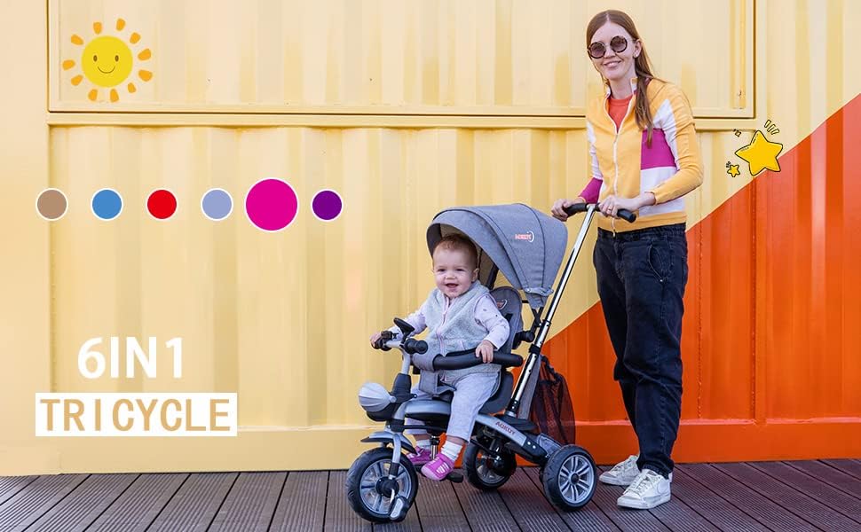 Nitoess Бебе трицикл 6 во 1, Toddler Trike, Детска шетач w/прилагодлива рачка за притискање, момчиња девојчиња на отворено играчки велосипед,