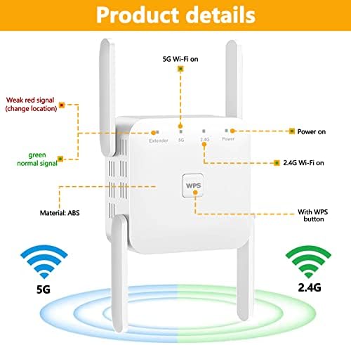 2023 WiFi Extender Signal Booster за домашен опсег на WiFi Extender безжичен повторувач до 6000 Sq.ft и 40 уреди, 2,4 & 5GHz 1200Mbps засилувач