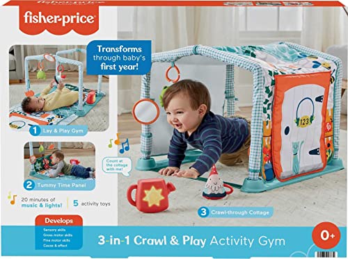 Fisher-Price Playmat 3-In-1 Crawl & Play Active Active Gym со 5 бебиња играчки за новороденче до дете на дете и фино моторна игра